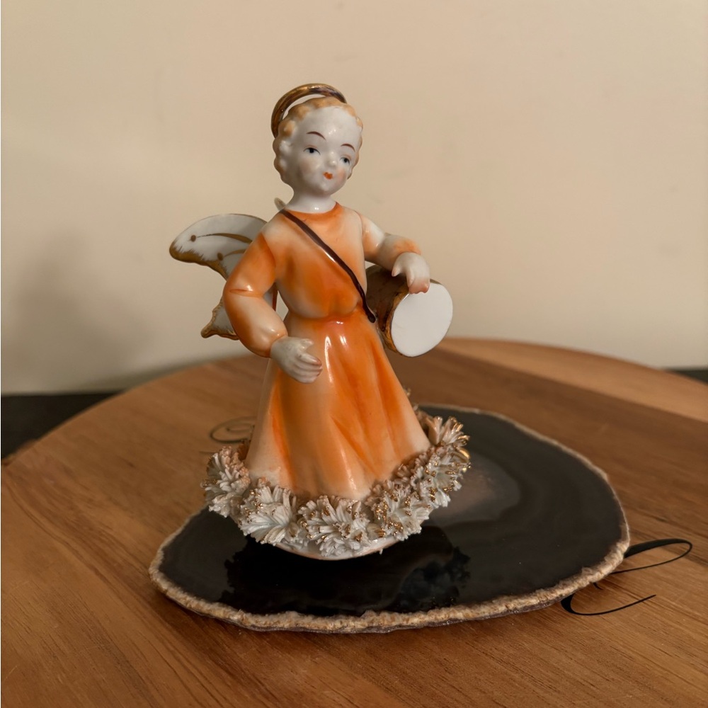 Elegant Orange Ceramic Angel Figurine Vintage 1960’s with Spaghetti Trim